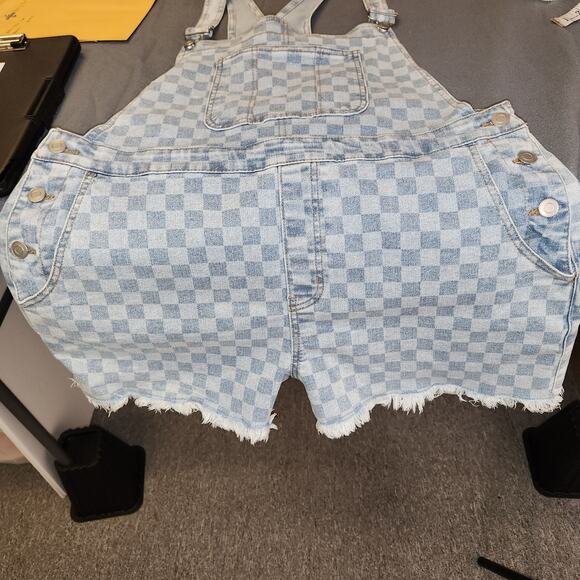 NO BO NO BOUNDARIES Denim Shortall Womens XL Blue Checkerboard Boho Cottagecore - Picture 11 of 12